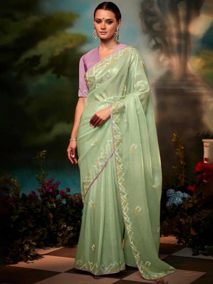 Light Green Stone Embellished Silk Saree