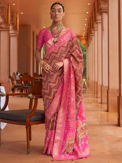 Brown Patola Printed Saree In Silk
