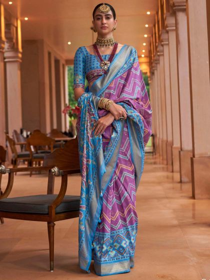 Purple Silk Saree With Patola Prints