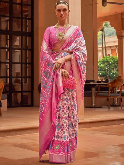 Off White Patola Silk Saree With Blouse