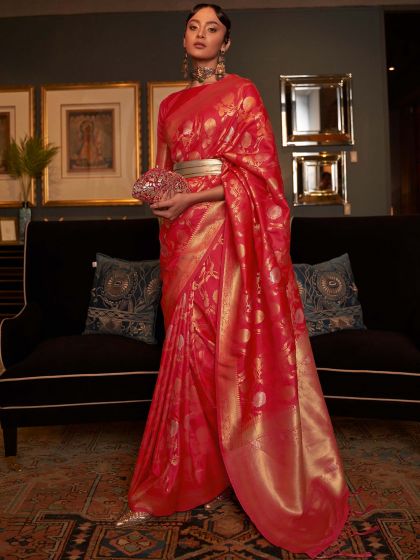 Red Floral Woven Saree In Silk