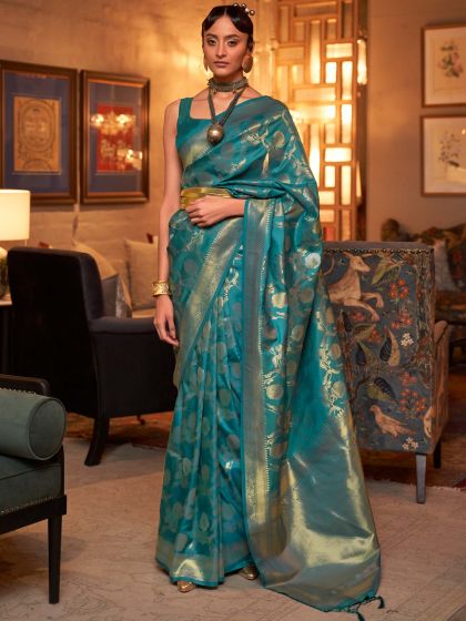 Blue Floral Woven Silk Saree With Blouse