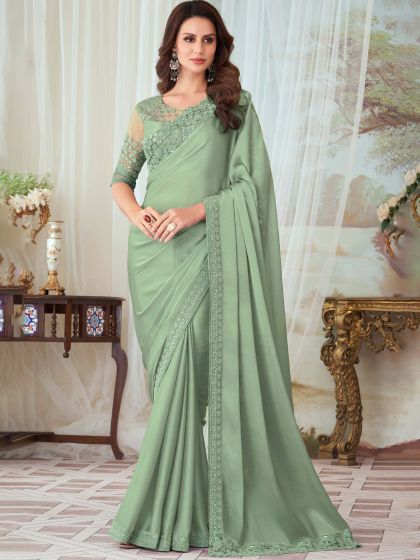 Green Georgette Saree With Embroidered Border
