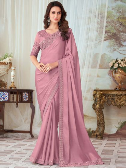 Pink Embroidered Party Wear Georgette Saree