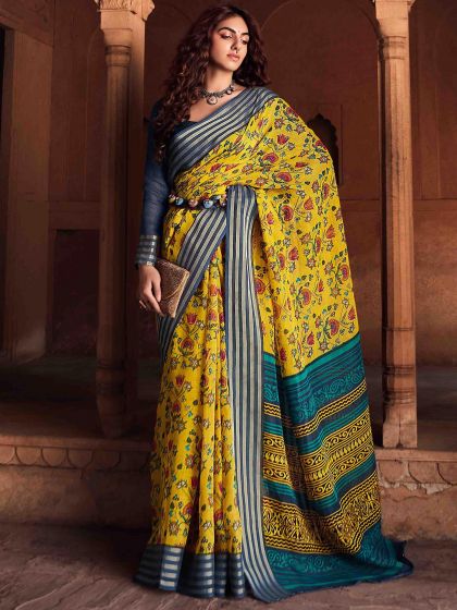 Yellow Floral Printed Linen Saree