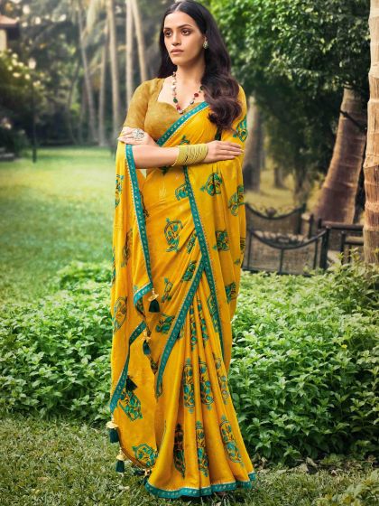 Yellow Chiffon Saree With Digital Prints