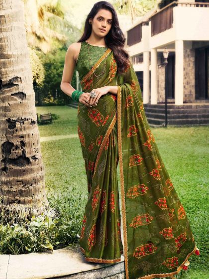 Green Chiffon Saree With Digital Prints