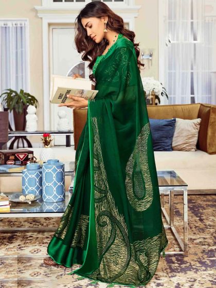 Green Foil Printed Saree In Chiffon