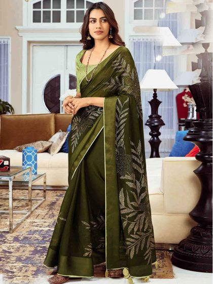 Green Chiffon Saree With Stone Work