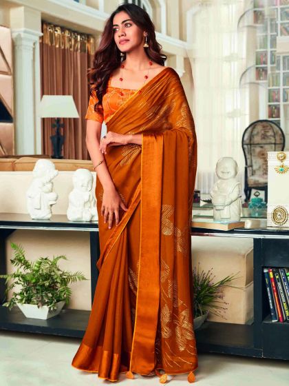 Orange Chiffon Saree With Stone Work