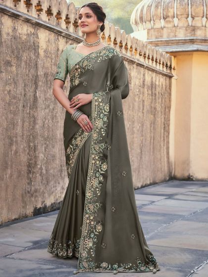 Grey Embroidered Border Silk Saree With Blouse