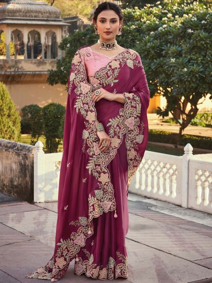 Magenta Wedding Silk Saree With Embroidery