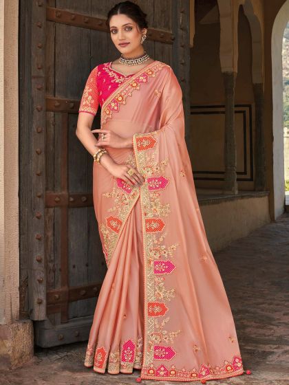 Peach Embroidered Border Wedding Saree In Silk