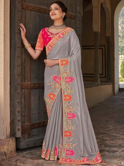 Grey Silk Saree With Embroidered Border