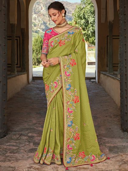 Green Silk Festive Saree With Embroidered Border