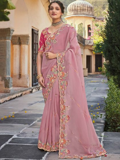 Pink Engagement Silk Saree With Embroidery