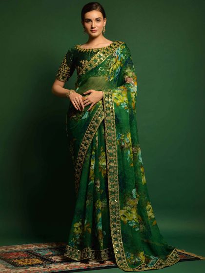 Green Festive Georgette Saree With Zari Embroidery