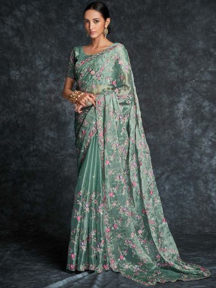 Green Heavy Embroidery Organza Saree