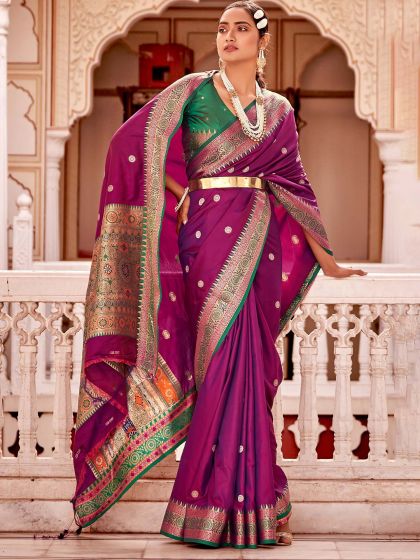 Purple Banarasi Silk Saree With Woven Details