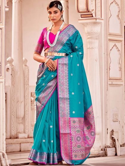 Blue Woven Traditional Saree In Banarasi Silk