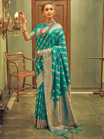 Blue Bridal Banarasi Silk Saree With Blouse