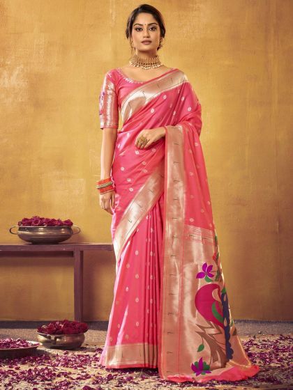 Peach Woven Wedding Saree In Silk