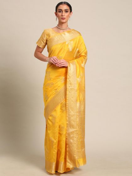 Yellow Wedding Organza Saree With Weaves