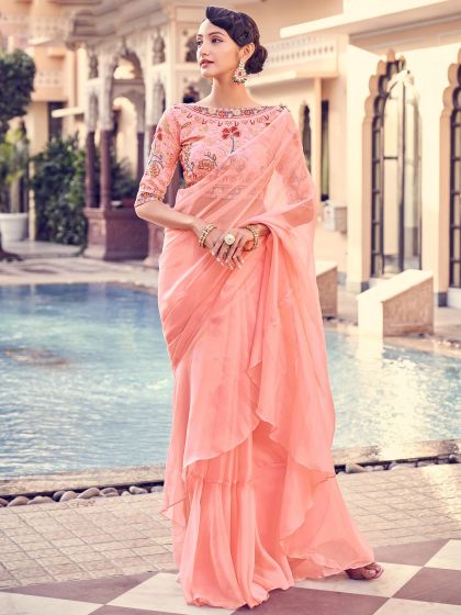 Peach Ruffle Saree With Embroidered Blouse