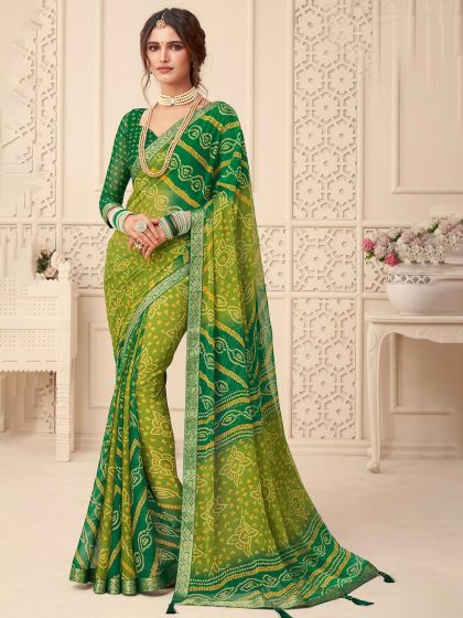 Green Festive Chiffon Saree With Bandhani Prints