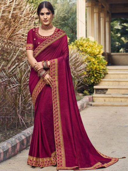 Magenta Thread Embroidered Saree In Georgette