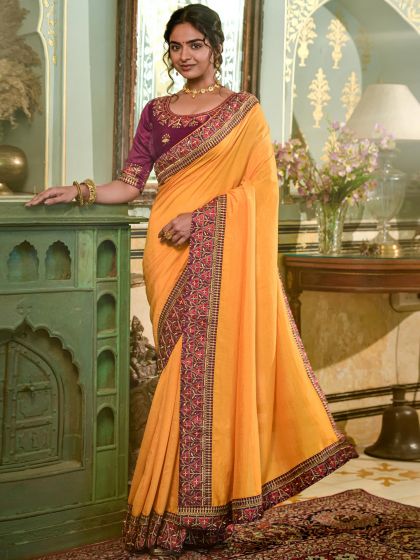 Yellow Thread Embroidered Saree In Georgette