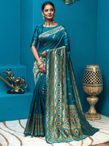 Blue Woven Wedding Saree In Banarasi Silk