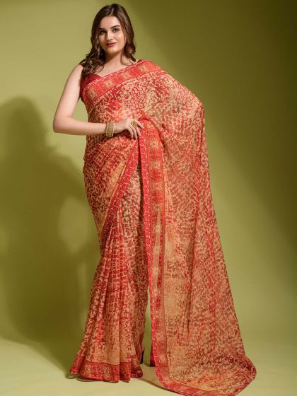 Orange Casual Wear Saree With Prints