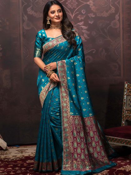 Blue Festive Woven Saree In Silk