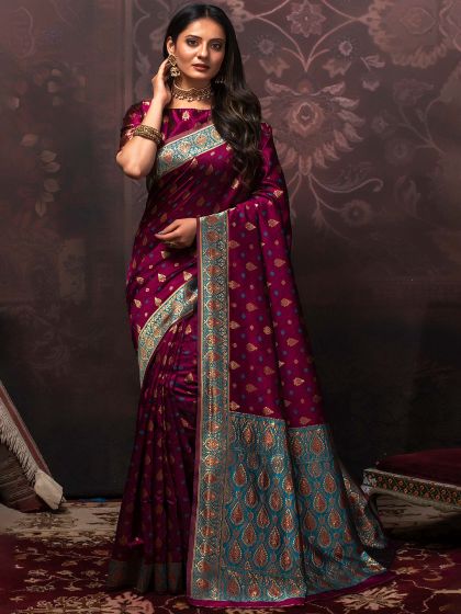 Magenta Zari Woven Saree In Silk
