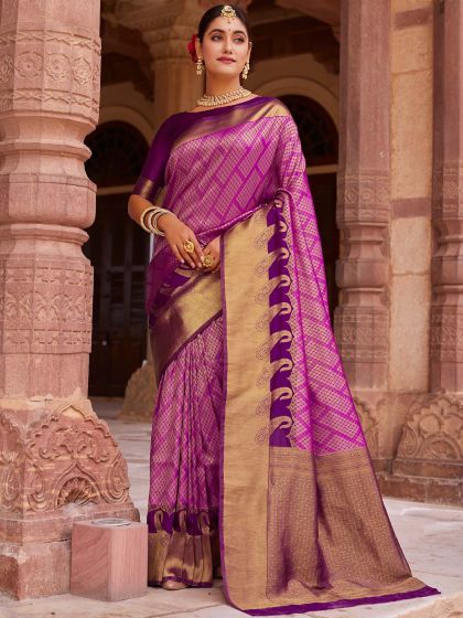 Purple Woven Wedding Saree In Silk