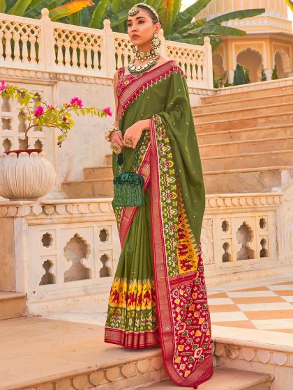 Green Mirror Embellished Saree In Silk