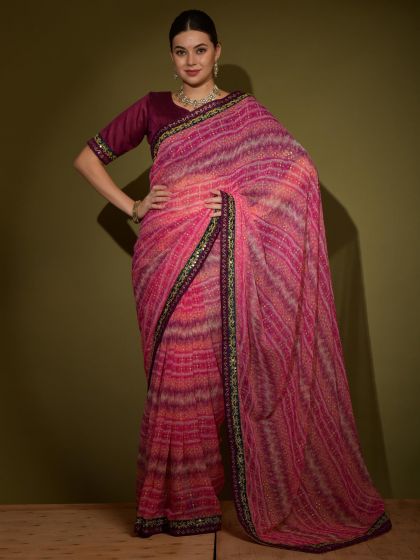 Pink Bandhej Printed Festive Chiffon Saree