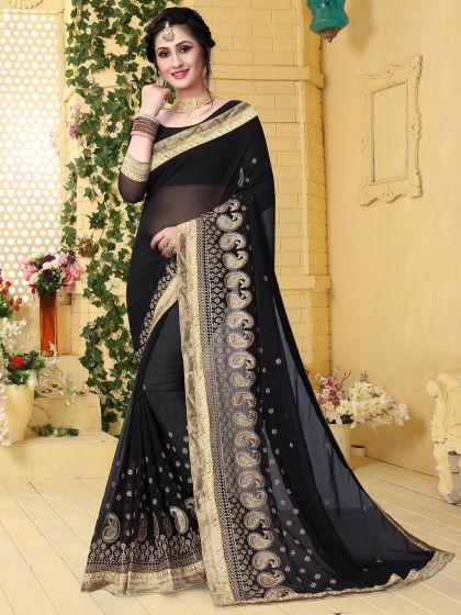 Black Embroidered Border Saree In Georgette