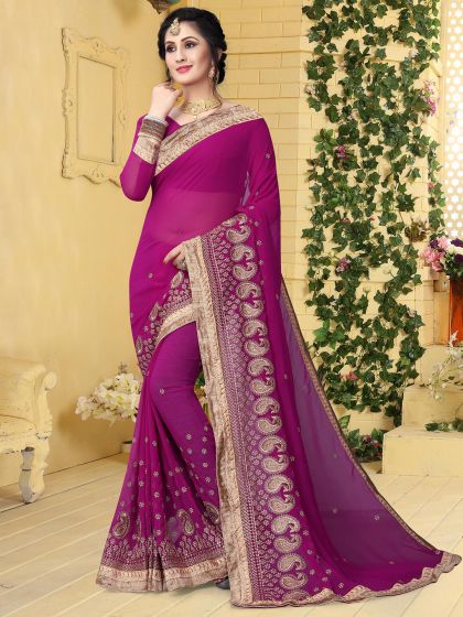 Pink Festive Georgette Saree With Embroidery