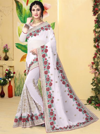 White Floral Embroidered Saree In Georgette