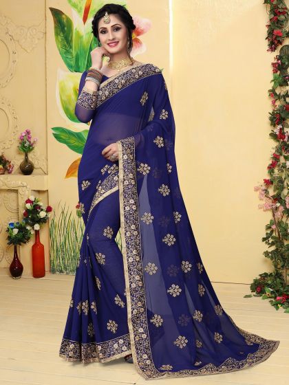 Blue Embroidered Wedding Wear Saree