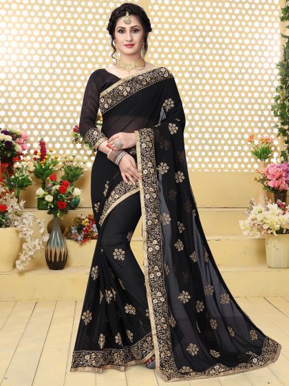 Black Floral Embroidered Saree In Georgette