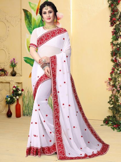 White Festive Georgette Saree With Embroidery