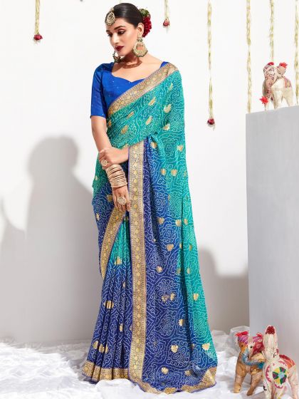 Blue Printed Wedding Wear Saree In Georgette