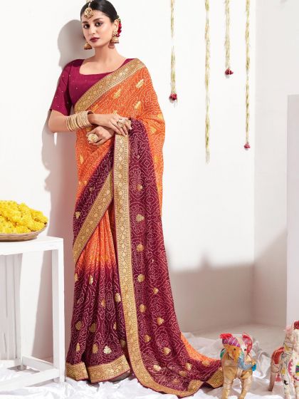 Orange And Maroon Bandhani Print Georgette Saree