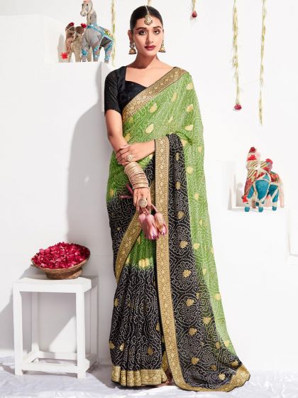 Green And Black Bandhani Print Georgette Saree