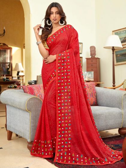 Red Embroidered Festive Saree In Chiffon