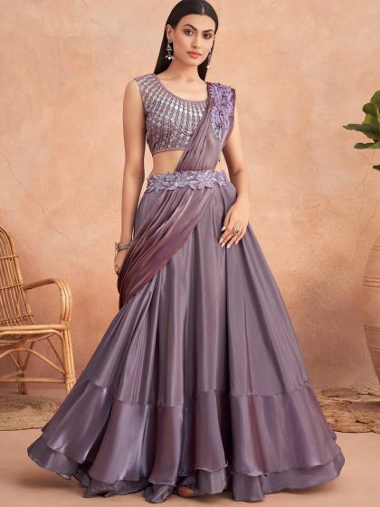 Purple Party Wear Pre-Stitched Satin Saree