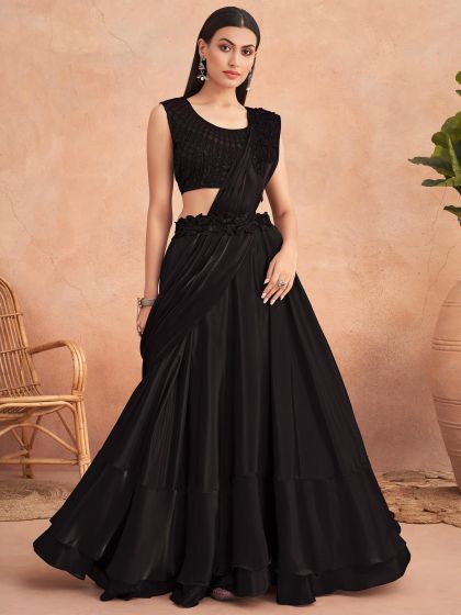 Black Cocktail Pre-Stitched Saree In Satin